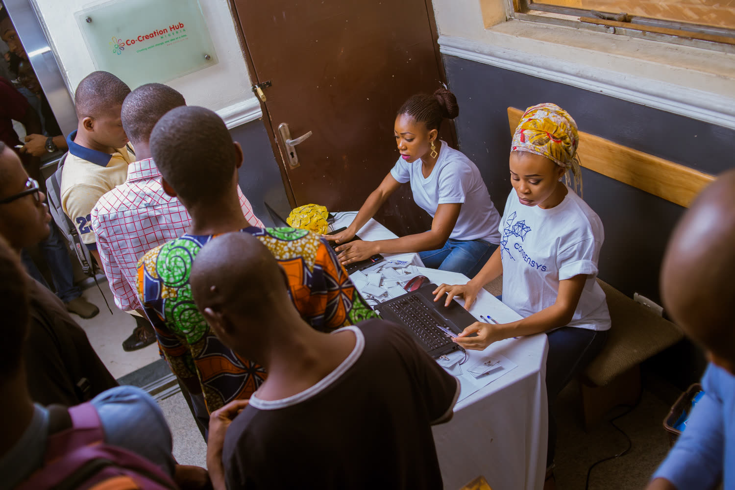 EthLagos 1 — Accreditation and badges at the CcHub entrance.